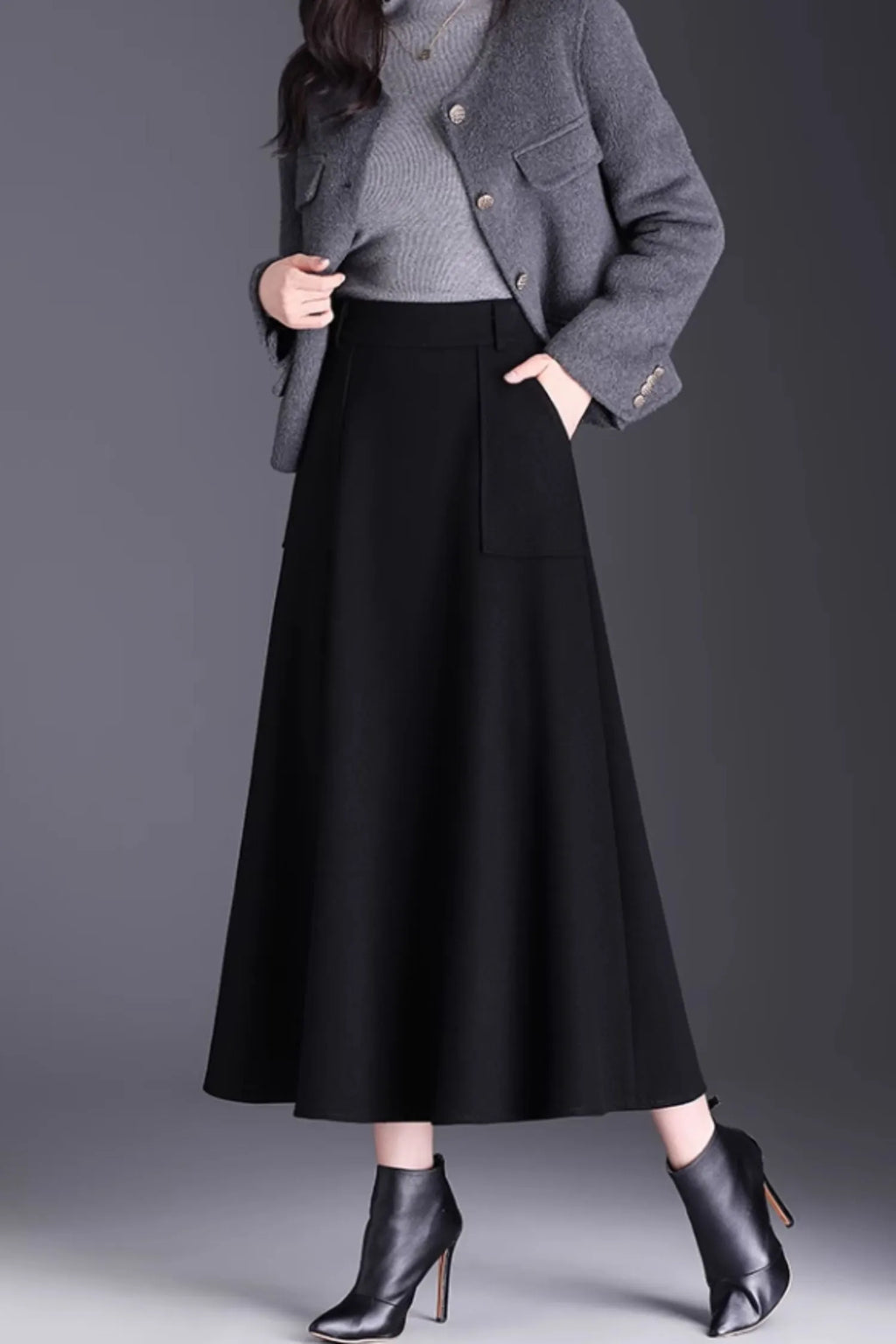 Brown Wool A-Line Midi Skirt with Pockets - Winter Warmth 6141