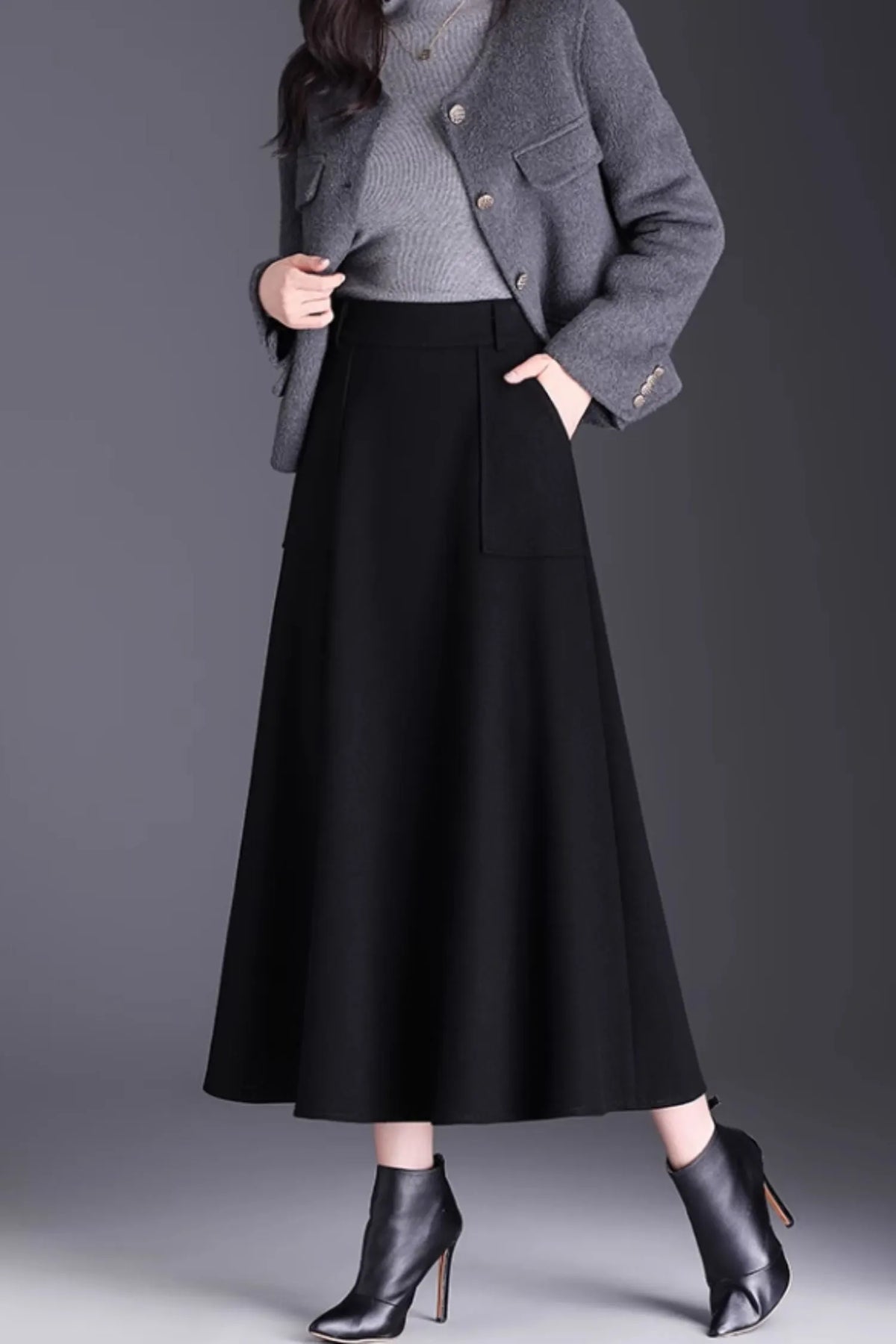 Brown Wool A-Line Midi Skirt with Pockets - Winter Warmth 6141