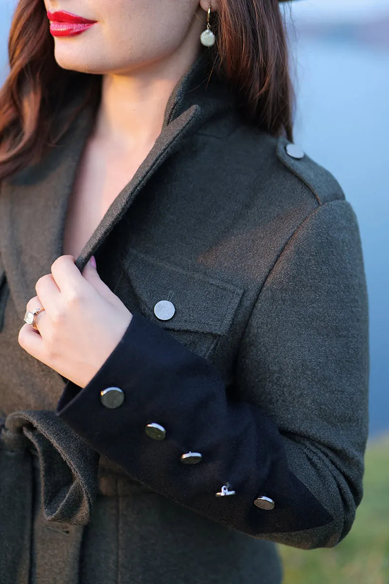 Handmade Army Green Wool Jacket – Vintage Military Short Coat with Belt 