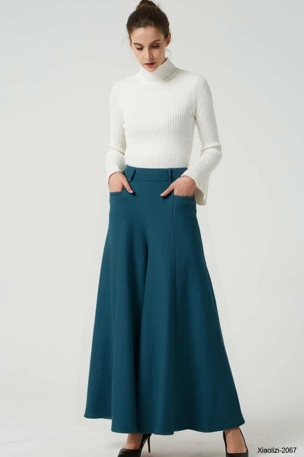 Winter Wool Wide Leg Pants - Pleated, Maxi Length 5232