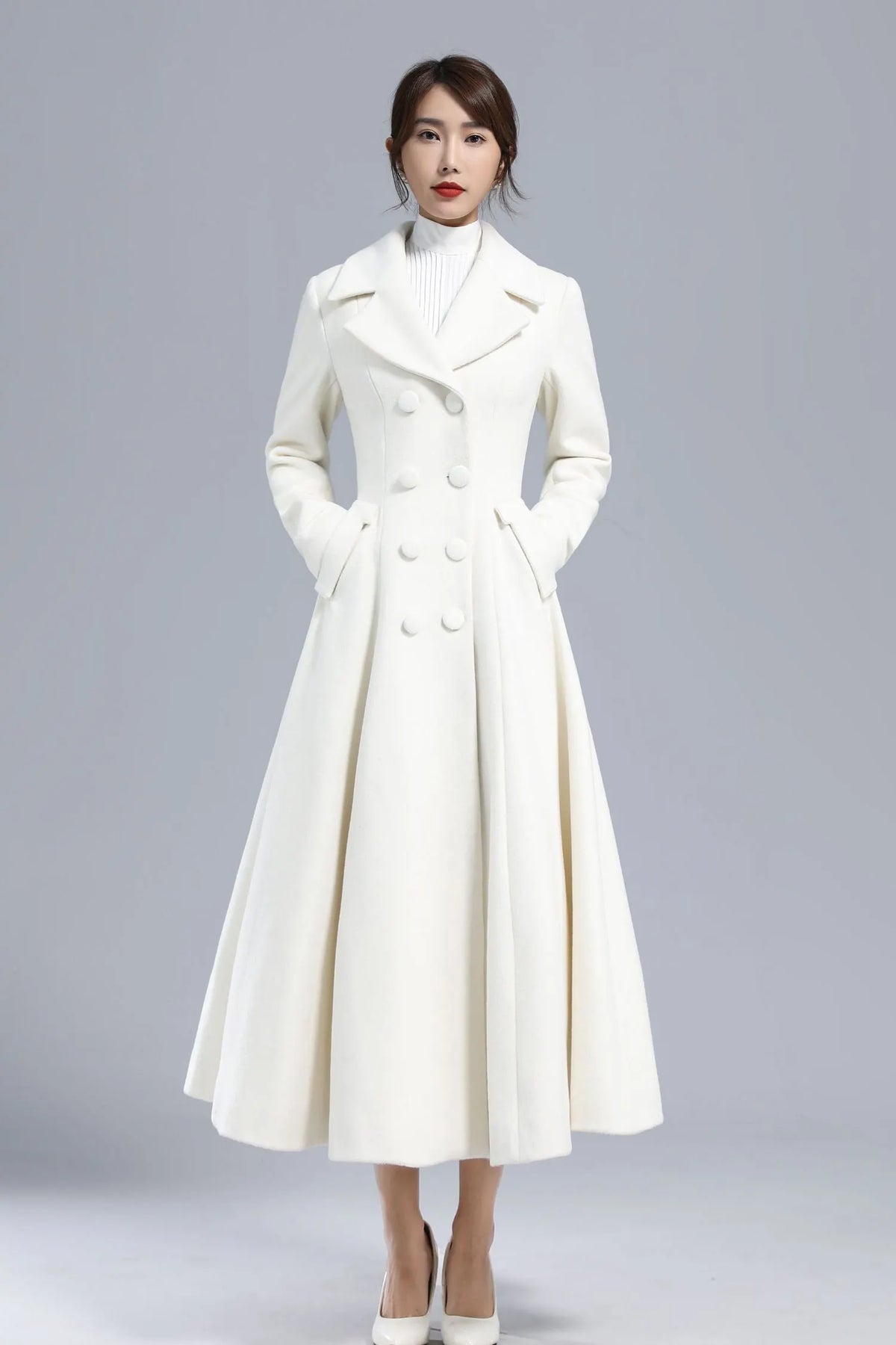 White Wool Maxi Coat – Vintage Double Breasted Long Winter Overcoat 3235