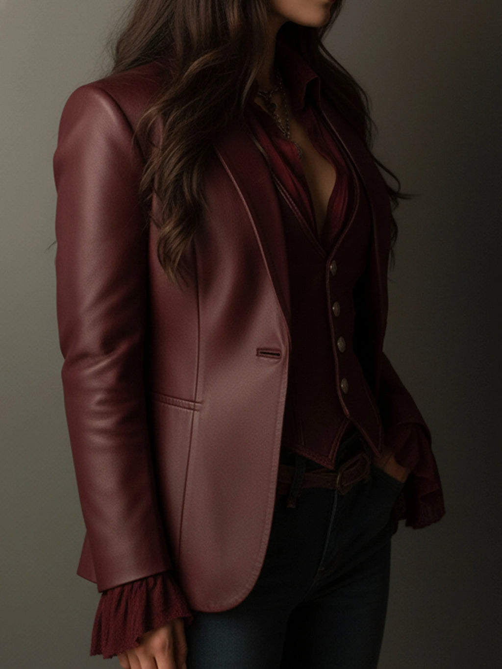 Vintage Burgundy Eco Leather Blazer