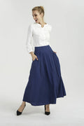 Blue Linen Maxi Skirt – Women’s High Waist Pleated Skirt with Pockets  2040
