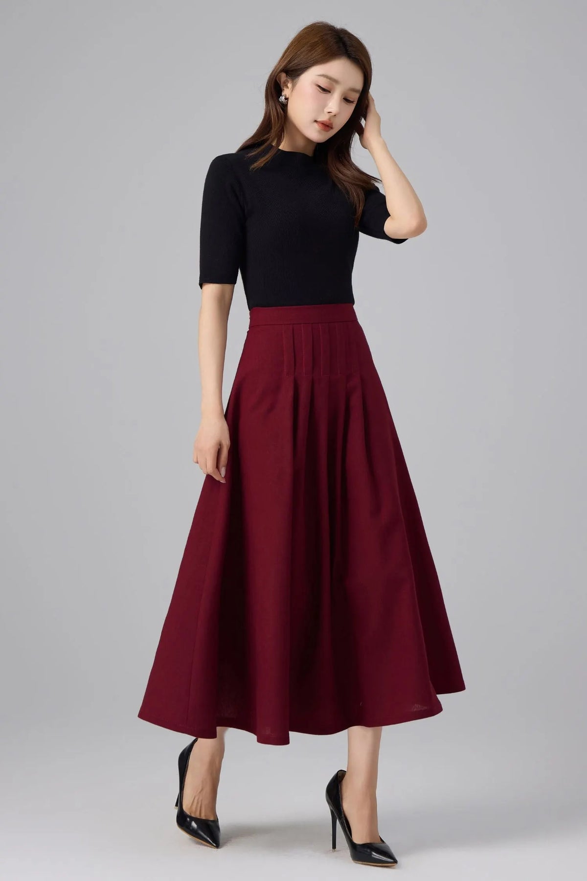 Burgundy Linen Midi Skirt - High Waist Pleated A-Line 