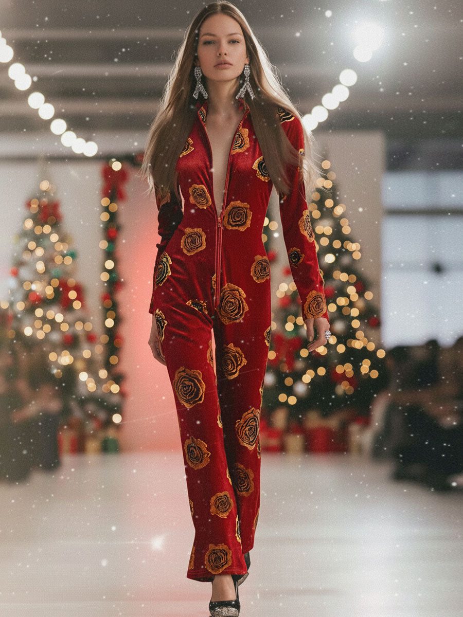 Casual Loose Retro Red Velvet Gold Rose Printed Zipper Long Sleeve Jumpsuit