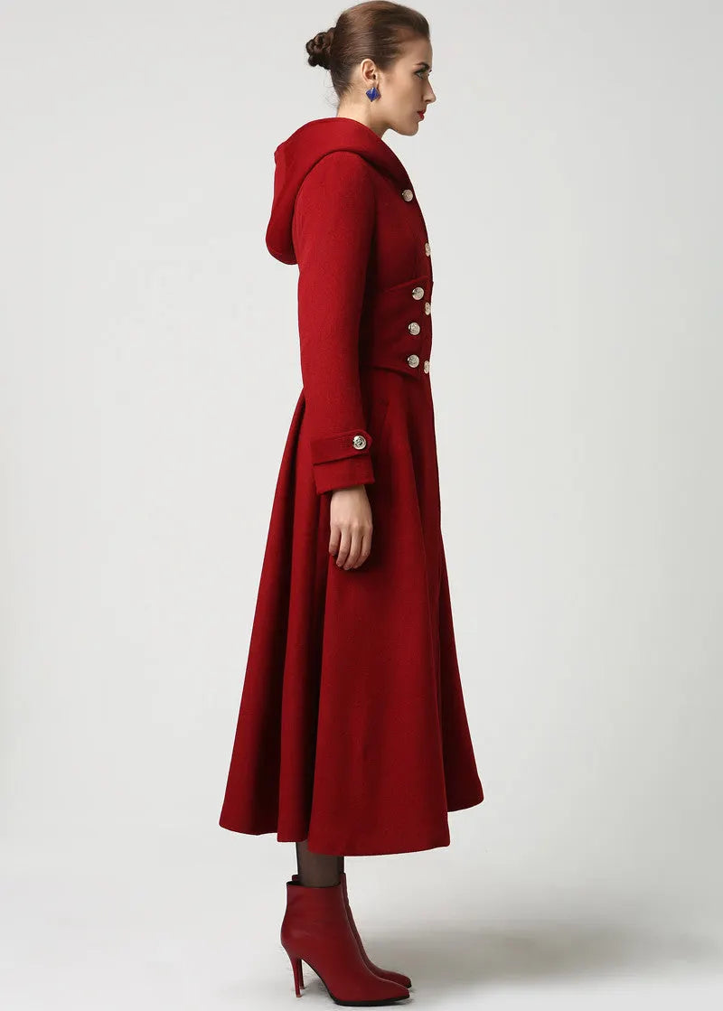 Red Wool Blend Coat - Hooded Ankle Length A-Line 