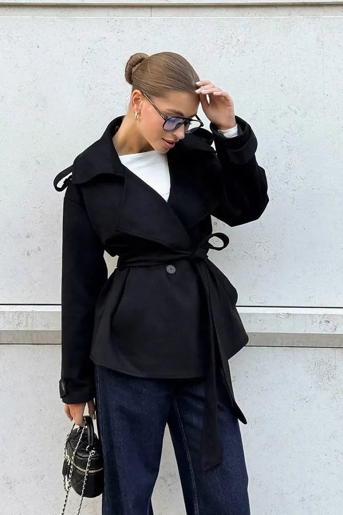 Suede Solid Tie Waist Thickened Warm Coat