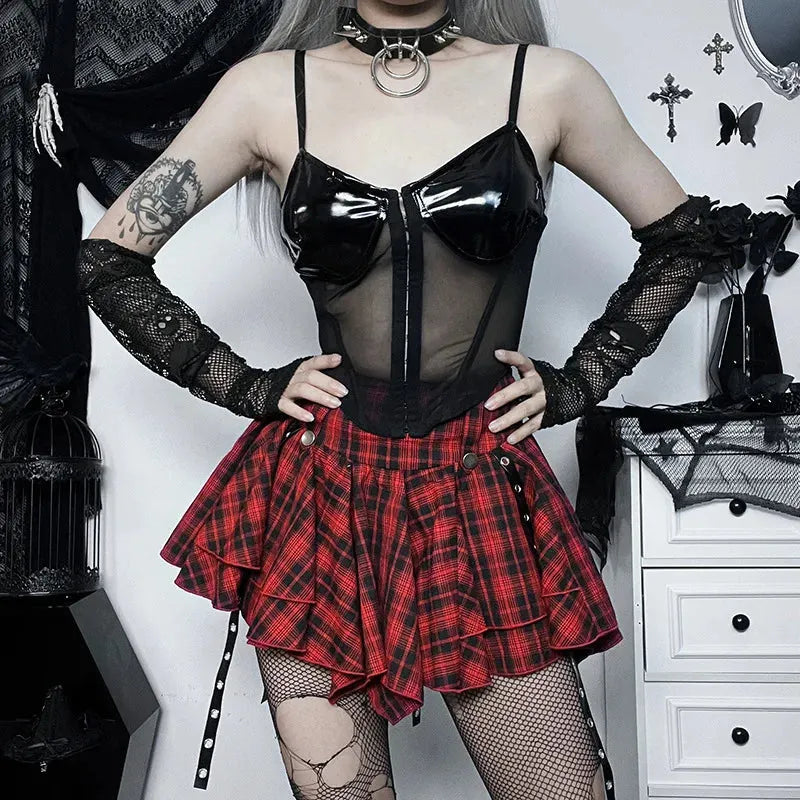 Harajuku Y2K Goth Plaid Cyberpunk High Waist Eyelet Ribbon Skirt