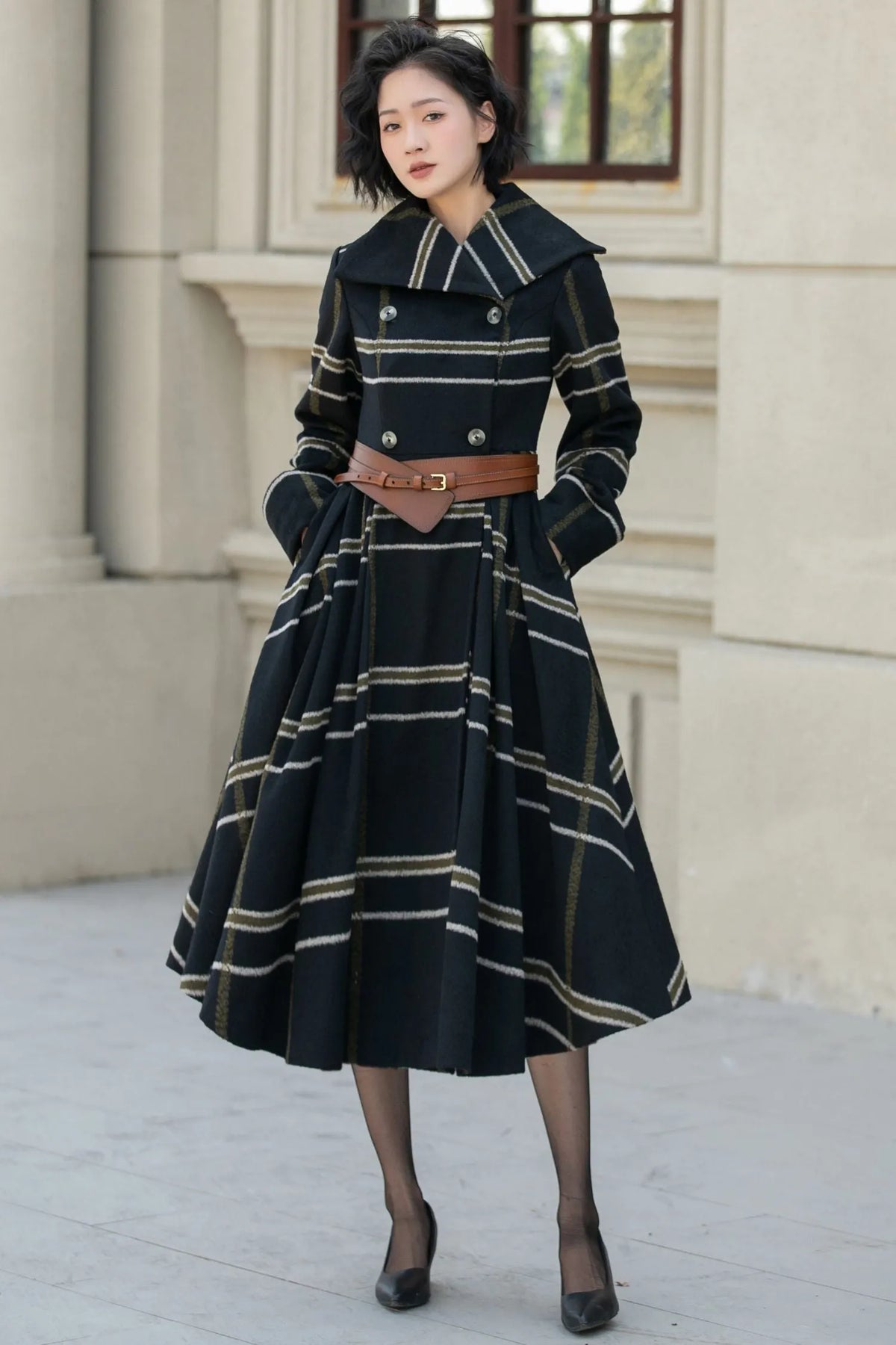Black Wool Fit and Flare Coat - Double Breasted Stripe Design 5454