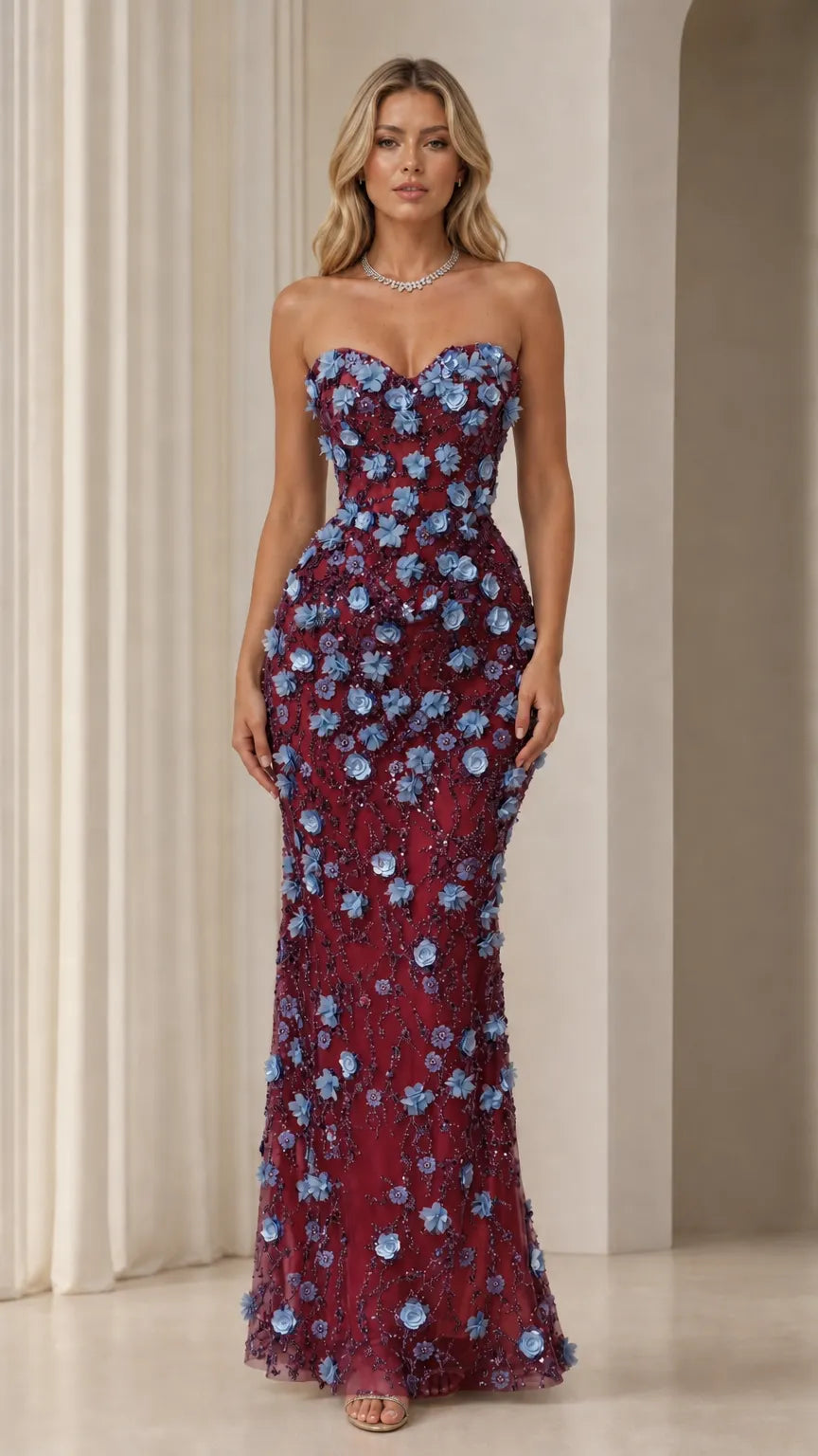 Strapless 3D Floral Applique Sequin Tulle Evening Gown