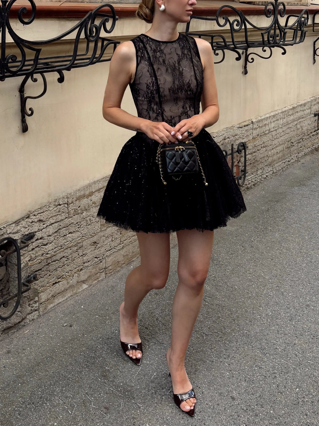 Black Lace Tulle Flared Mini Dress