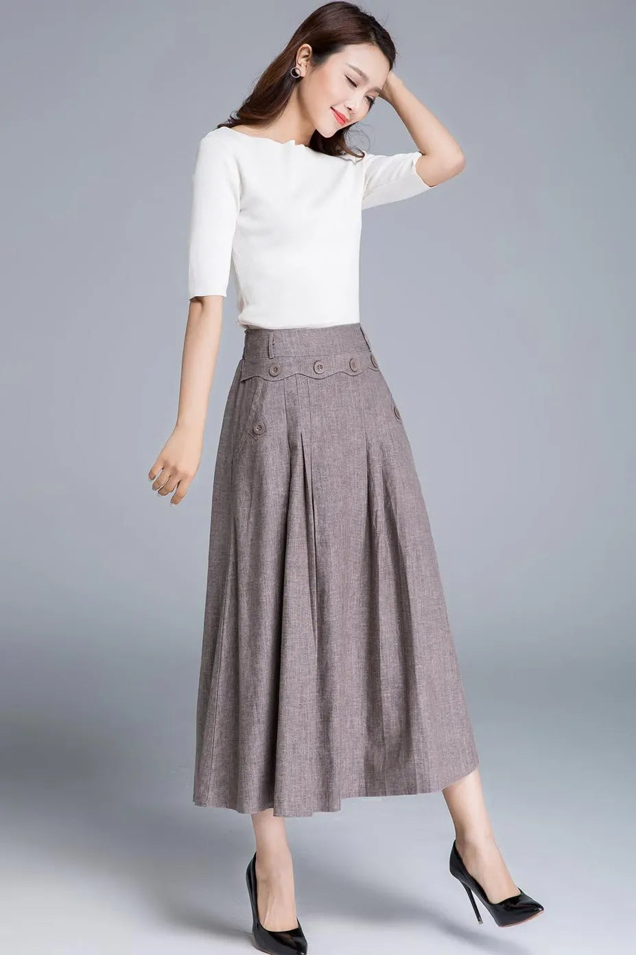 Light Brown Linen Midi Skirt - Fitted Waist, Button Detail 1663