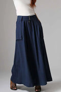 Blue Linen Cotton Maxi Skirt - Flowy Silhouette with Big Pockets 1036