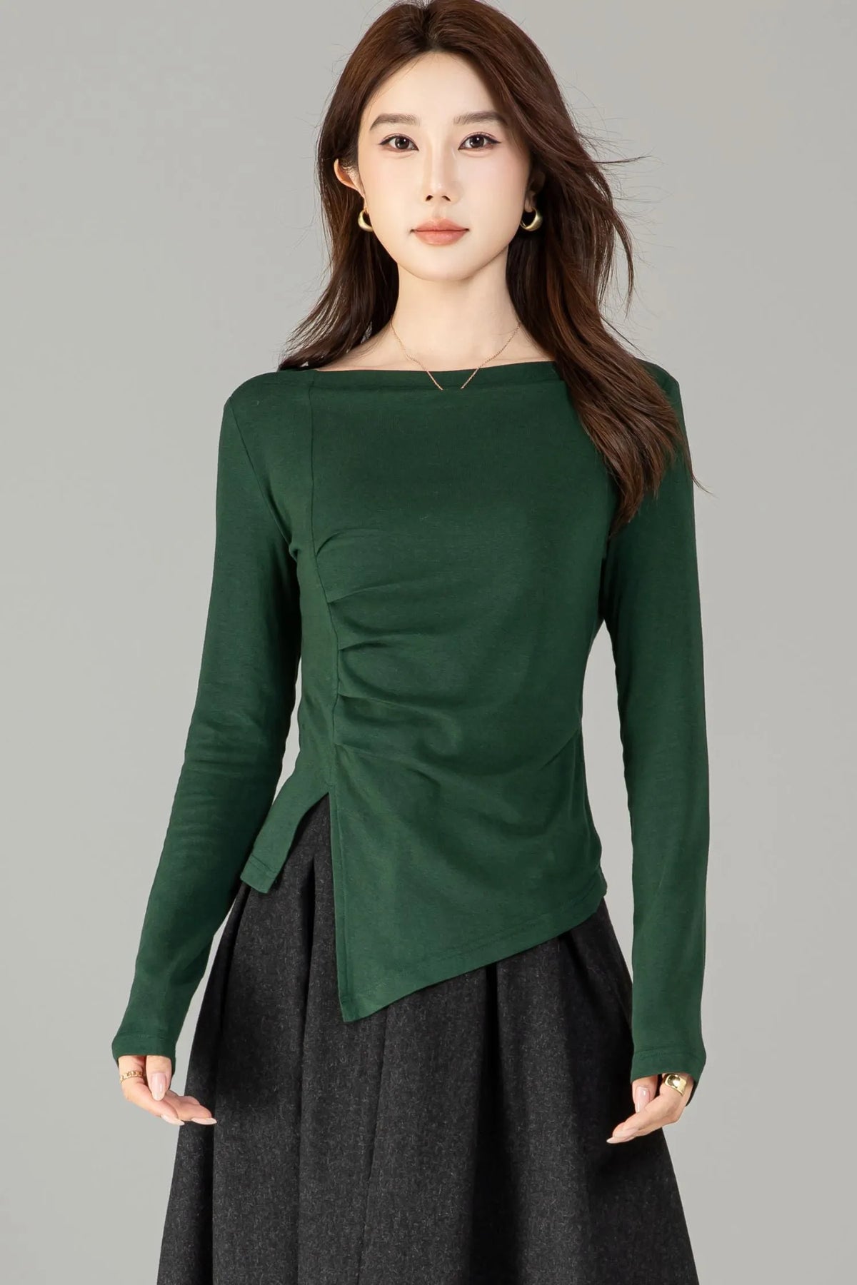 Green Cotton Knit Top - Asymmetrical Autumn Style 6504