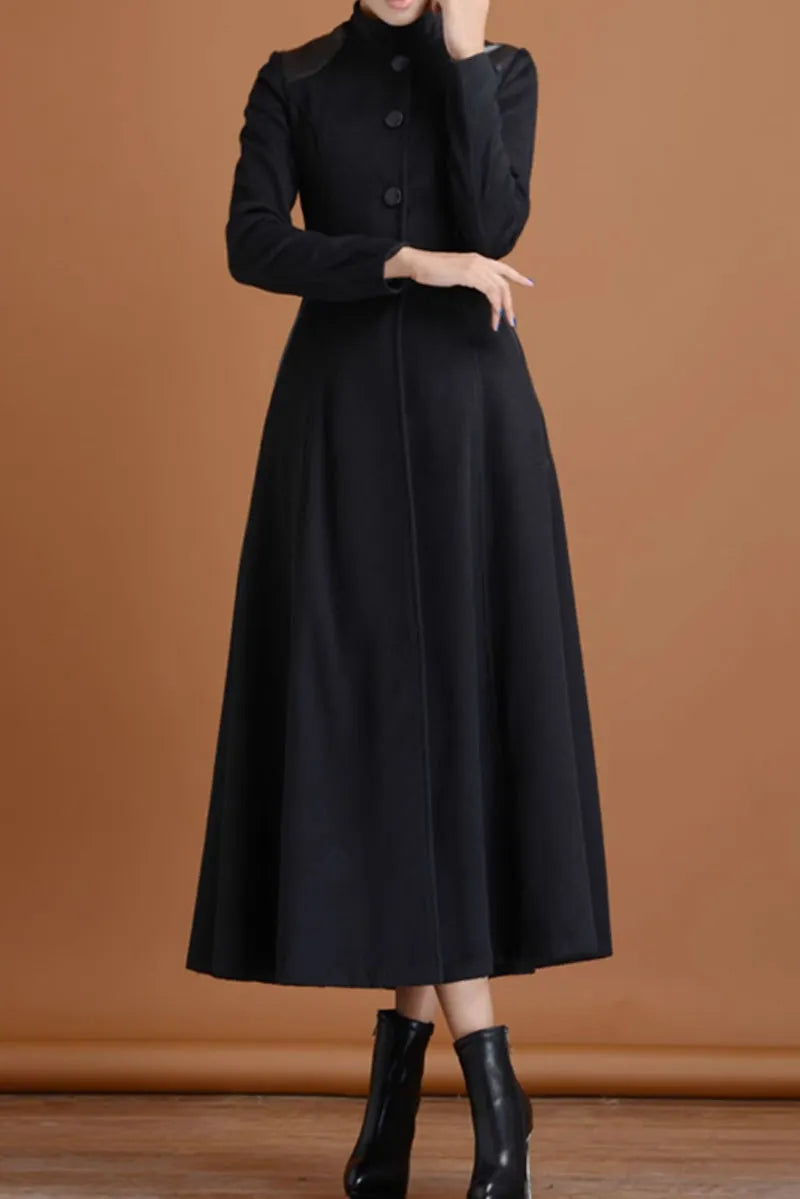 Black Wool Long Coat - Patchwork Detail, Flared Silhouette 4717