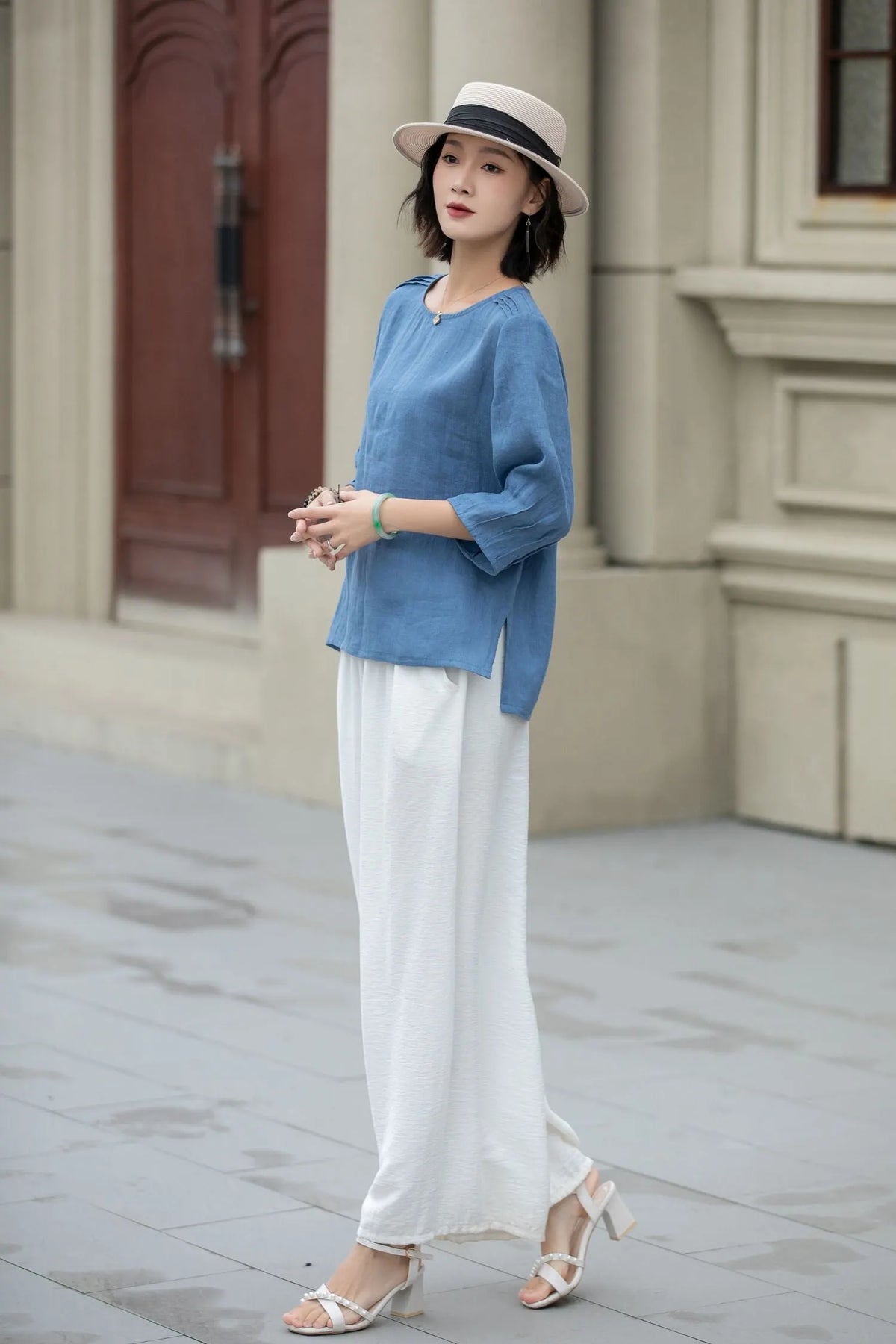 Blue Linen Blouse - Loose Fit with Boat Neckline 5221