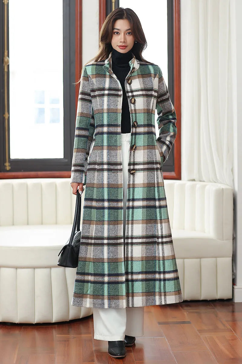 Handmade Green Plaid Wool Coat – Vintage Belted Long Winter Overcoat 