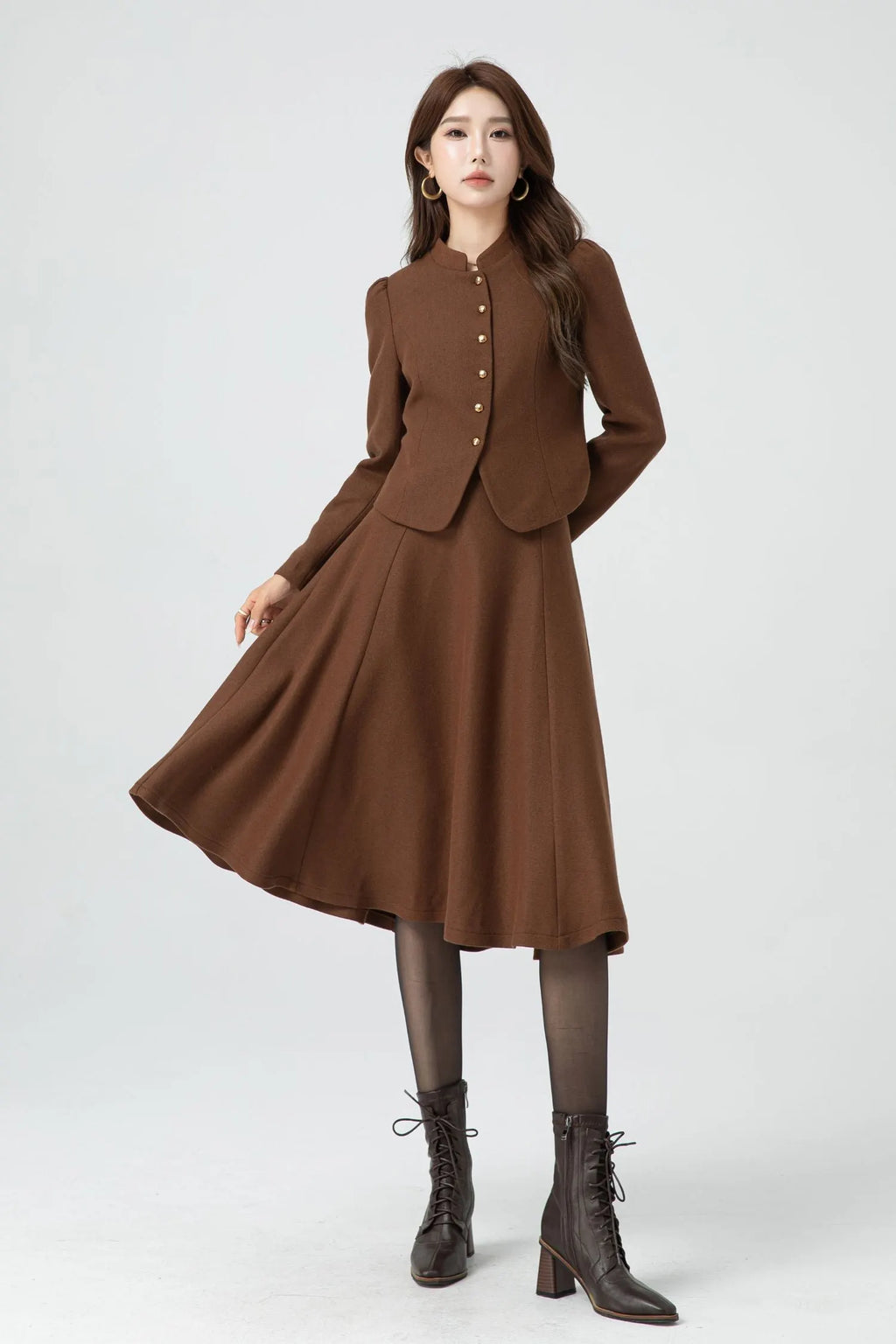 Brown Wool A-Line Skirt - Mid-Length Classic Winter Style 5316