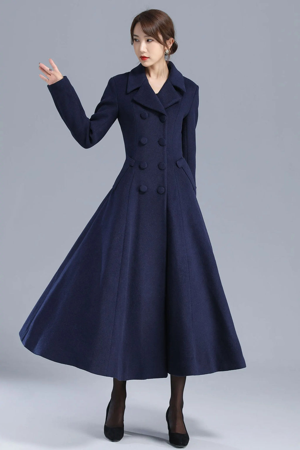 Navy Blue Wool Coat – Elegant Double-Breasted Fit and Flare Long Winter Overcoat 3208