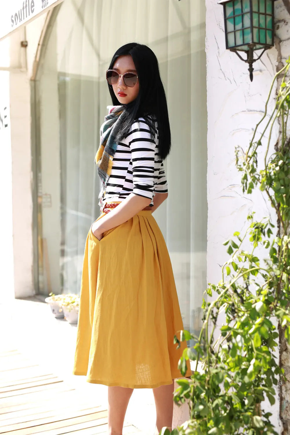 Mustard Yellow Linen Pleated Midi Skirt - High Waist Pockets 