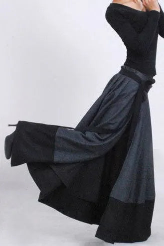 Handmade Wool Wrap Skirt – Long Flared Maxi in Gray & Black for Winter MM68