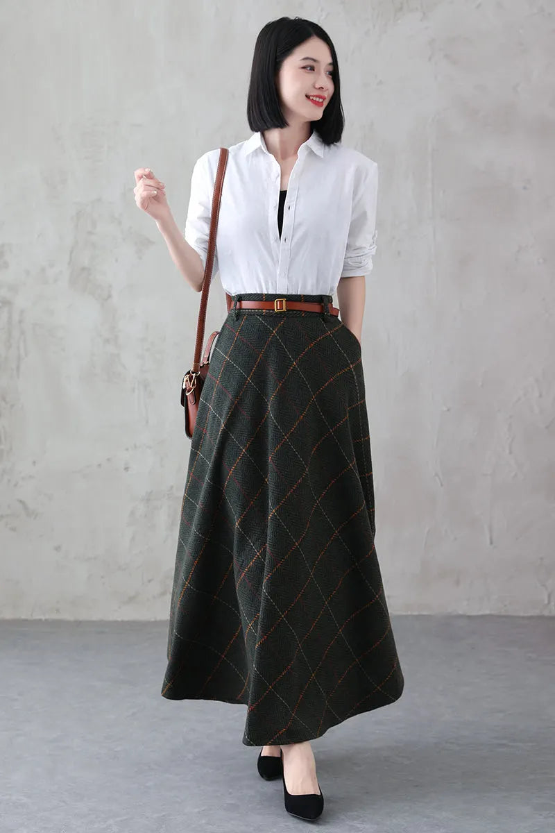 Green Plaid Wool Maxi Skirt – Vintage Swing High Waist Winter Skirt with Pockets 3841