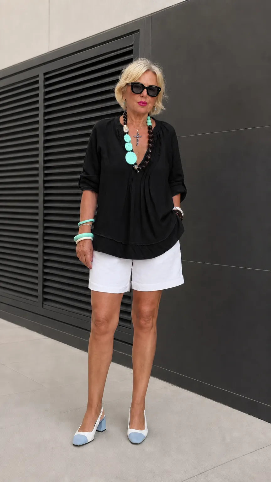 Women's Pleated Split Neck Tunic Blouse with Tiered Hem