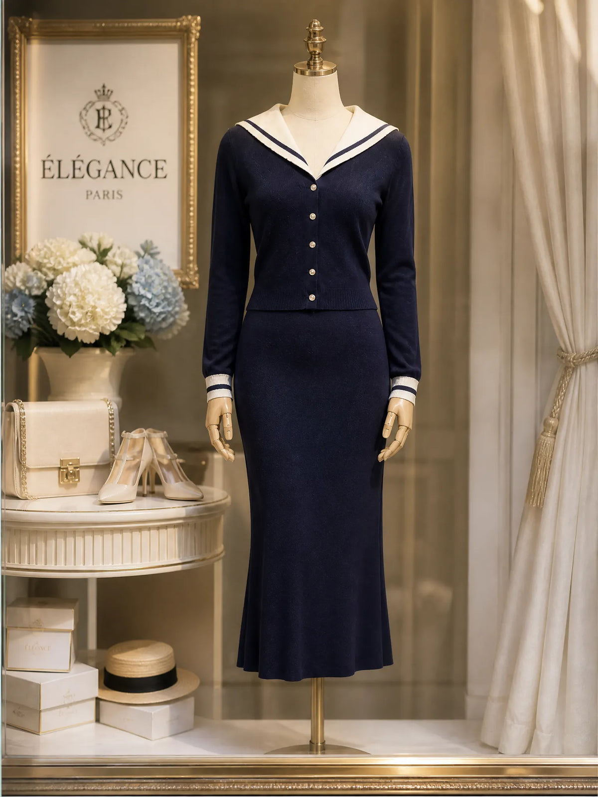 Nautical Sailor Collar Knit Cardigan & Midi Pencil Skirt Two-Piece Set