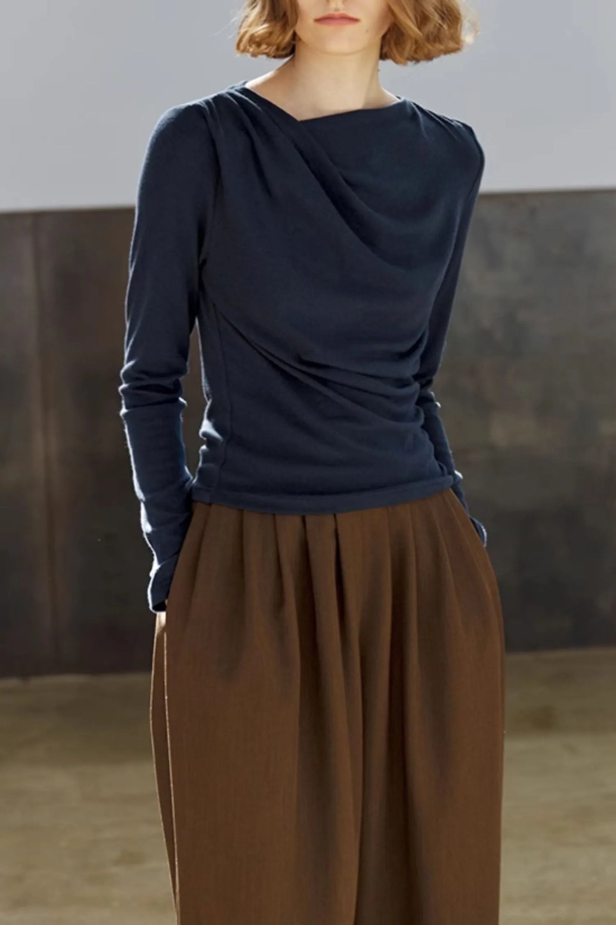 Blue Knit Pleated Top - Long Sleeve Relaxed Fit 