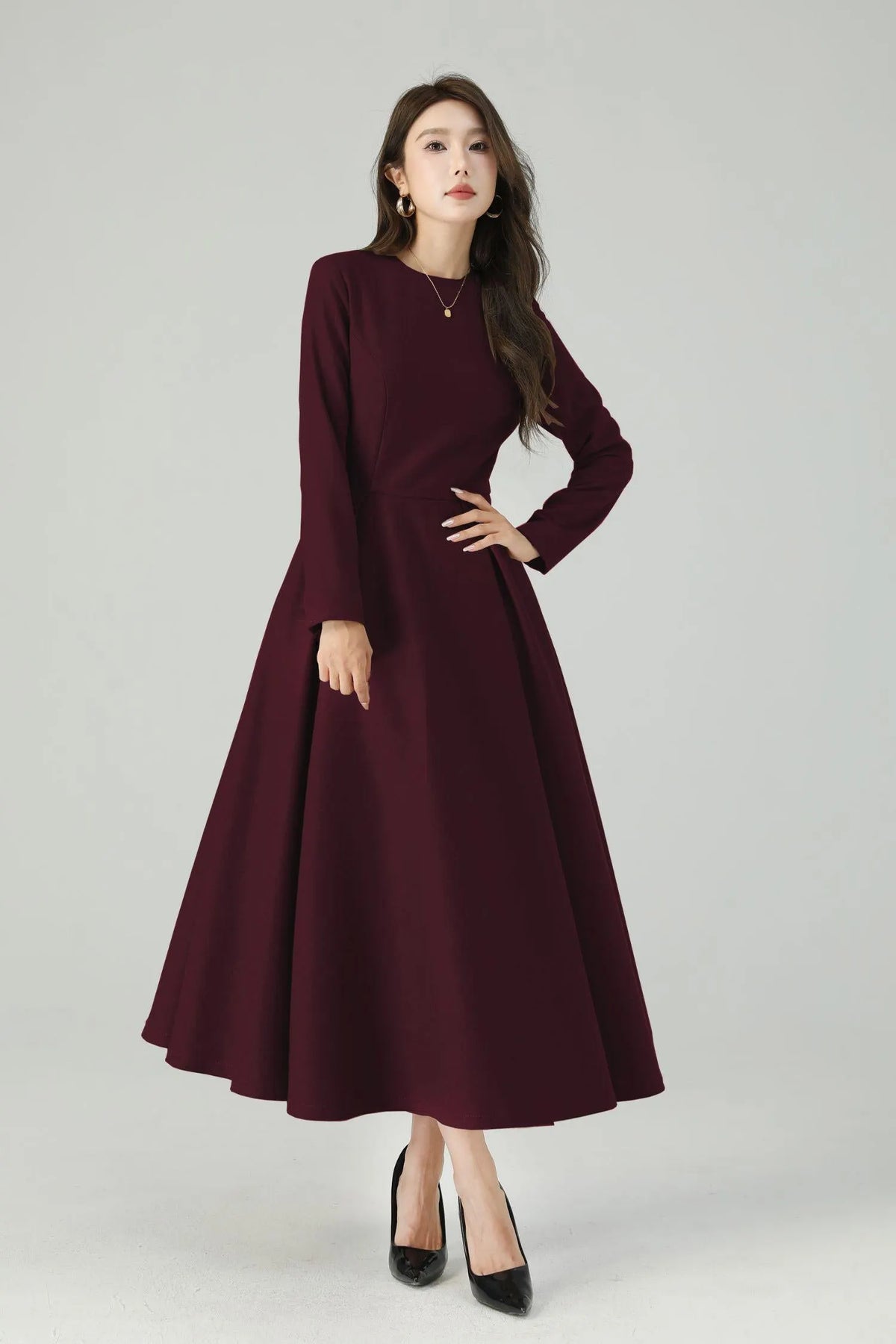 Burgundy Wool Blend Maxi Dress - Detachable Cape & Belted Waist 6434