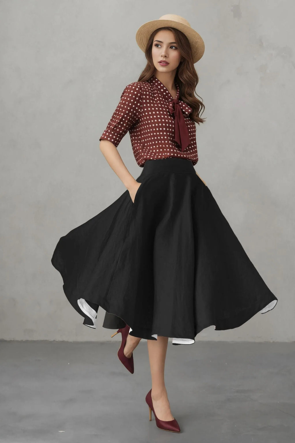 Black Linen Midi Skirt - High Waist A-Line 