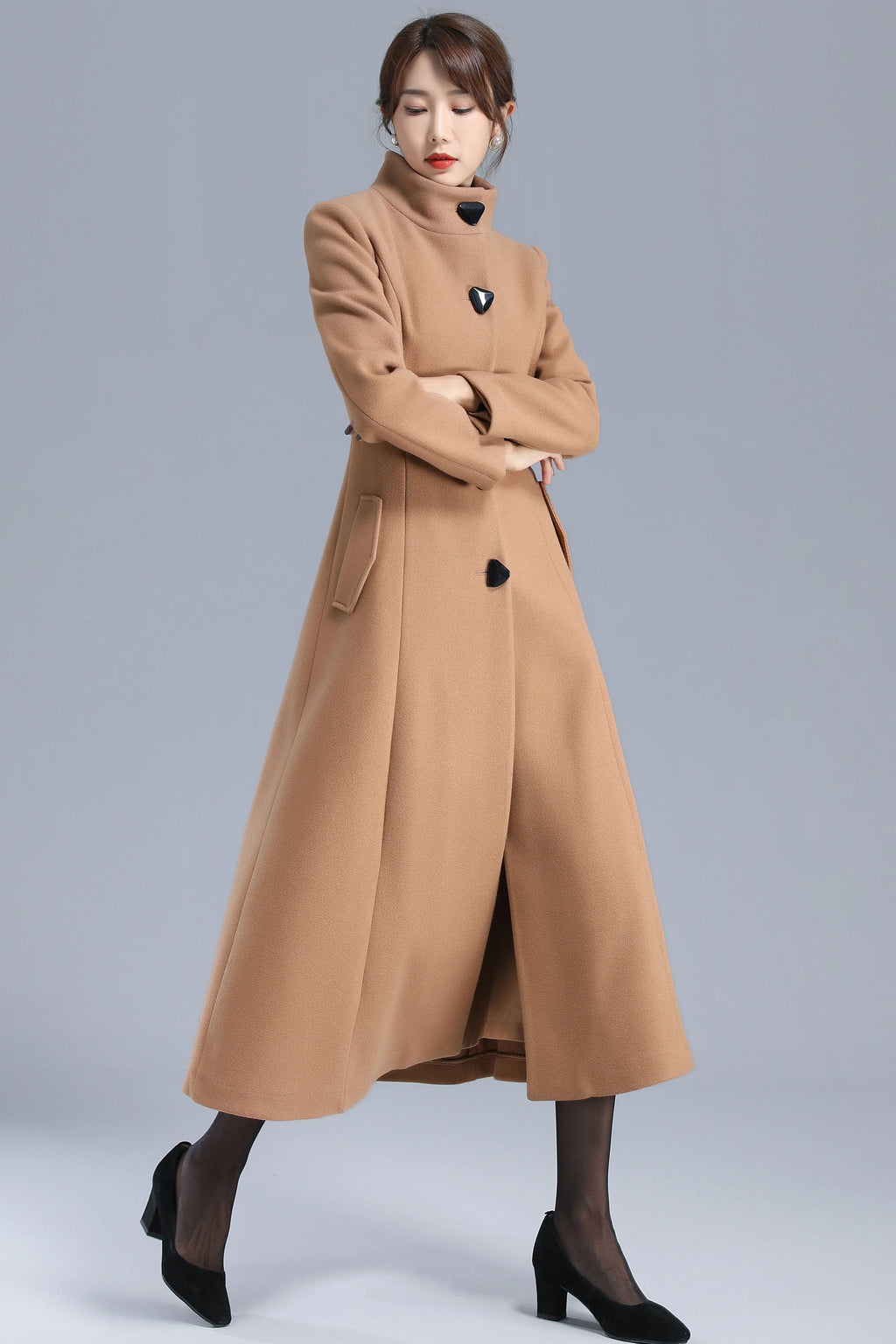 Camel Wool Blend Long Coat - Single Breasted, Stand Collar 3201