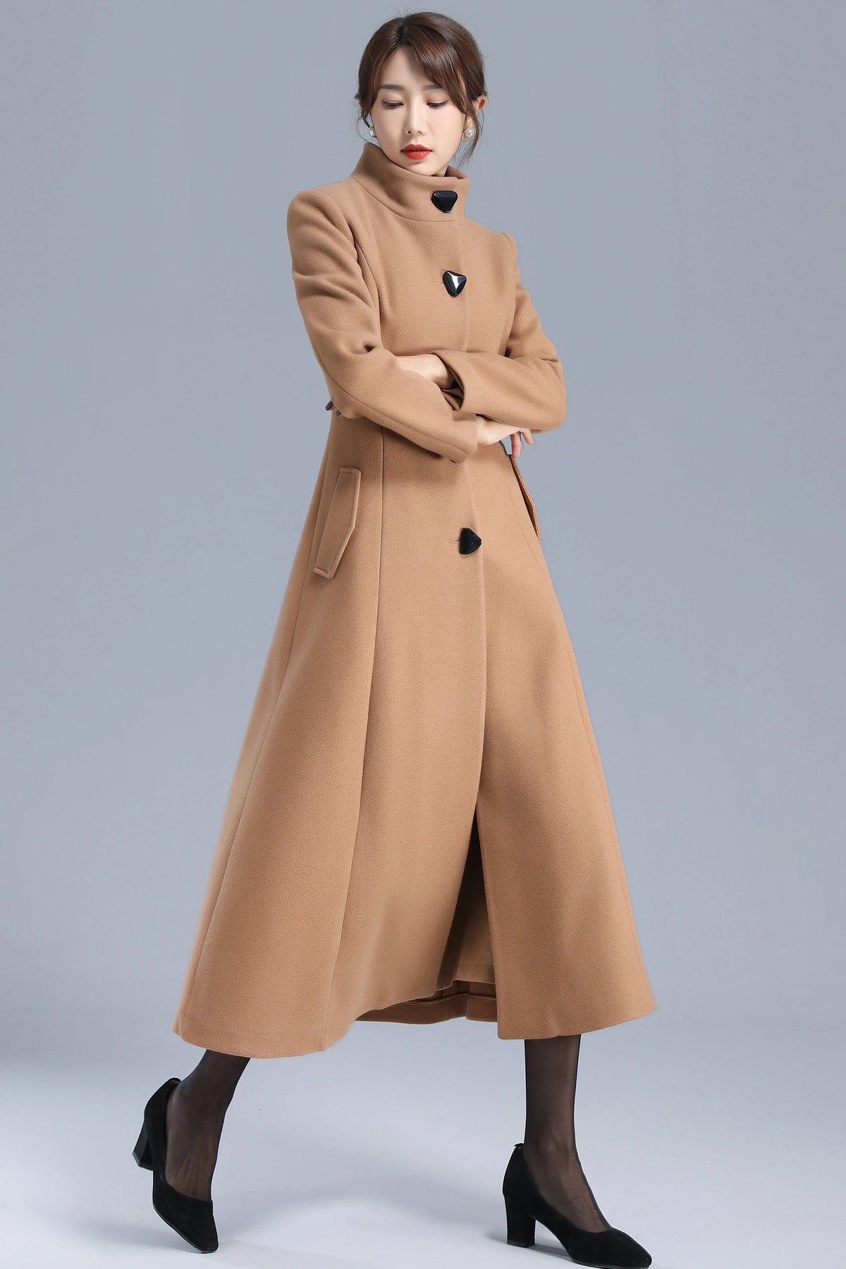 Camel Wool Blend Long Coat - Single Breasted, Stand Collar 3201