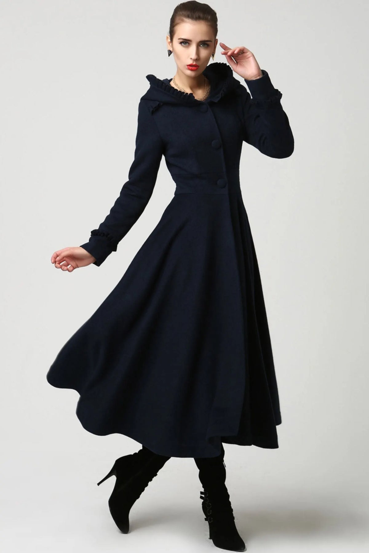 Navy Hooded Wool Maxi Coat – Ruffle Trim Fit & Flare Winter Coat 