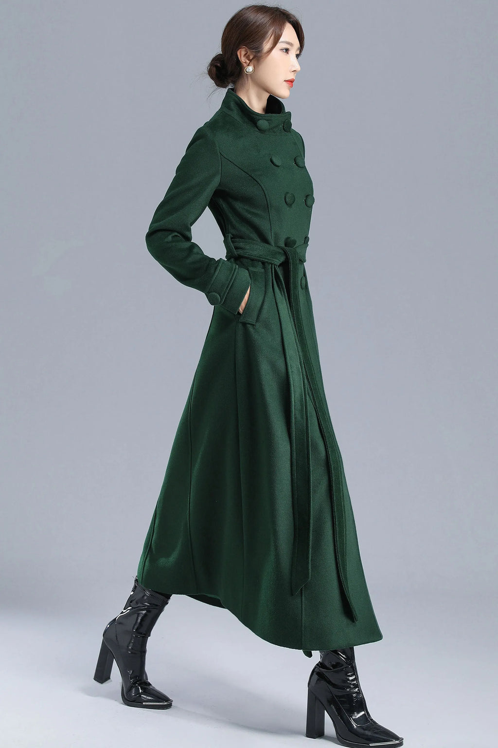 Green Wool Long Coat - Double Breasted with Belt 3214