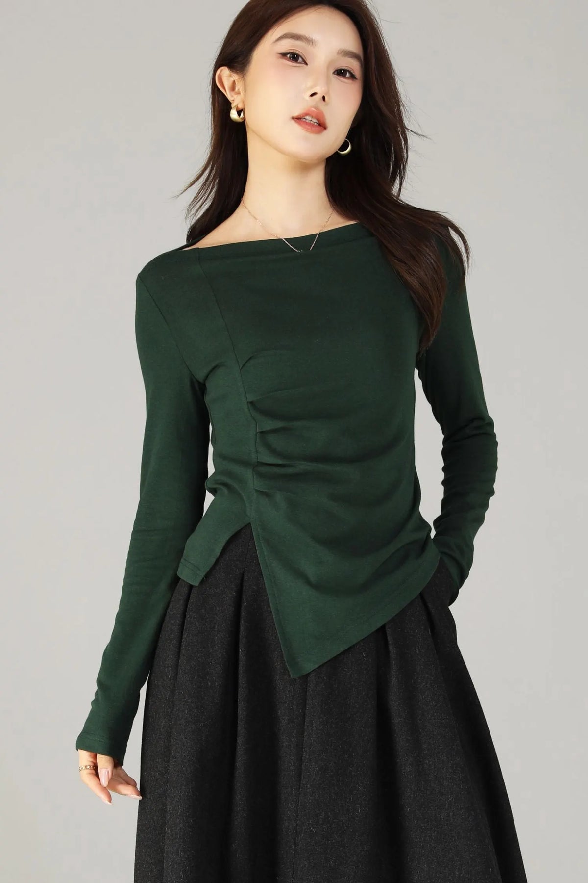 Green Cotton Knit Top - Asymmetrical Autumn Style 6504
