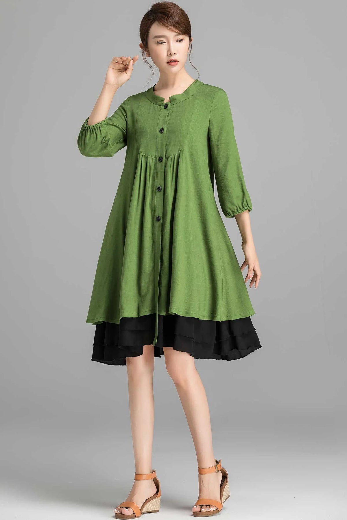 Army Green Linen Shirt Dress - Bishop Sleeve, Oversized Tunic 2356
