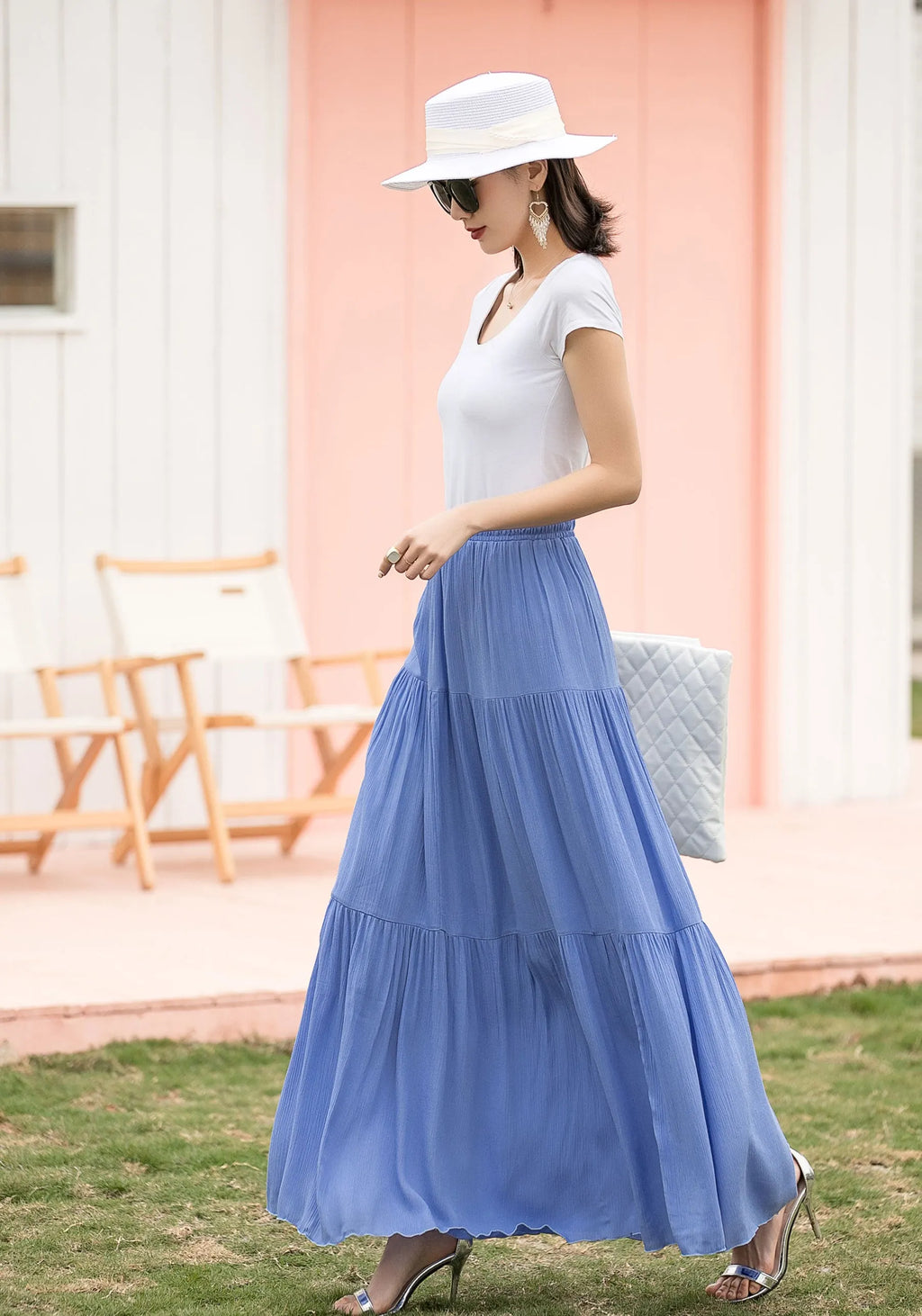 Blue Linen Cotton Maxi Skirt - Tiered, Elastic Waist 2717