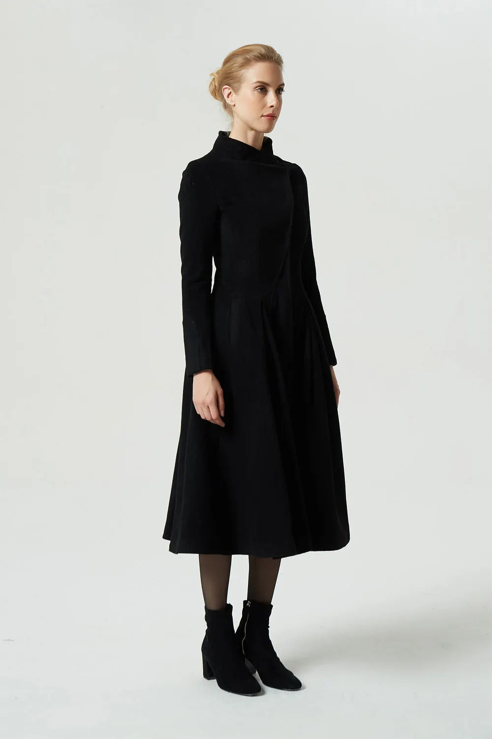 Vintage Wool Coat for Women – Handmade Black Stand Collar Fit and Flare Winter Coat 