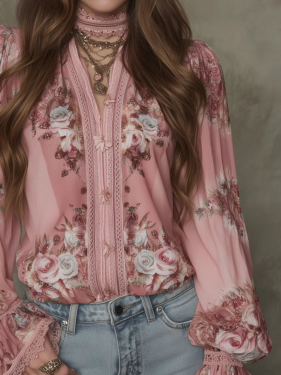 Floral Lace-Trim Chiffon Blouse – Romantic, Affordable