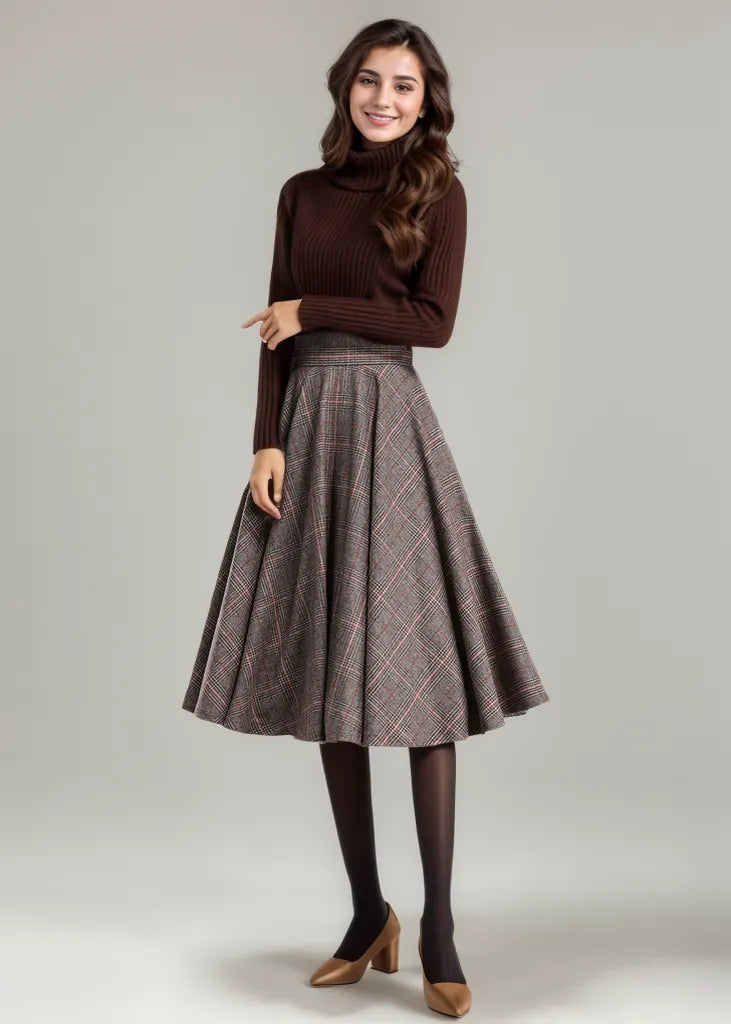 Wool Blend Plaid Skirt – A-Line Pleated Midi Skirt with Back Zipper 3167