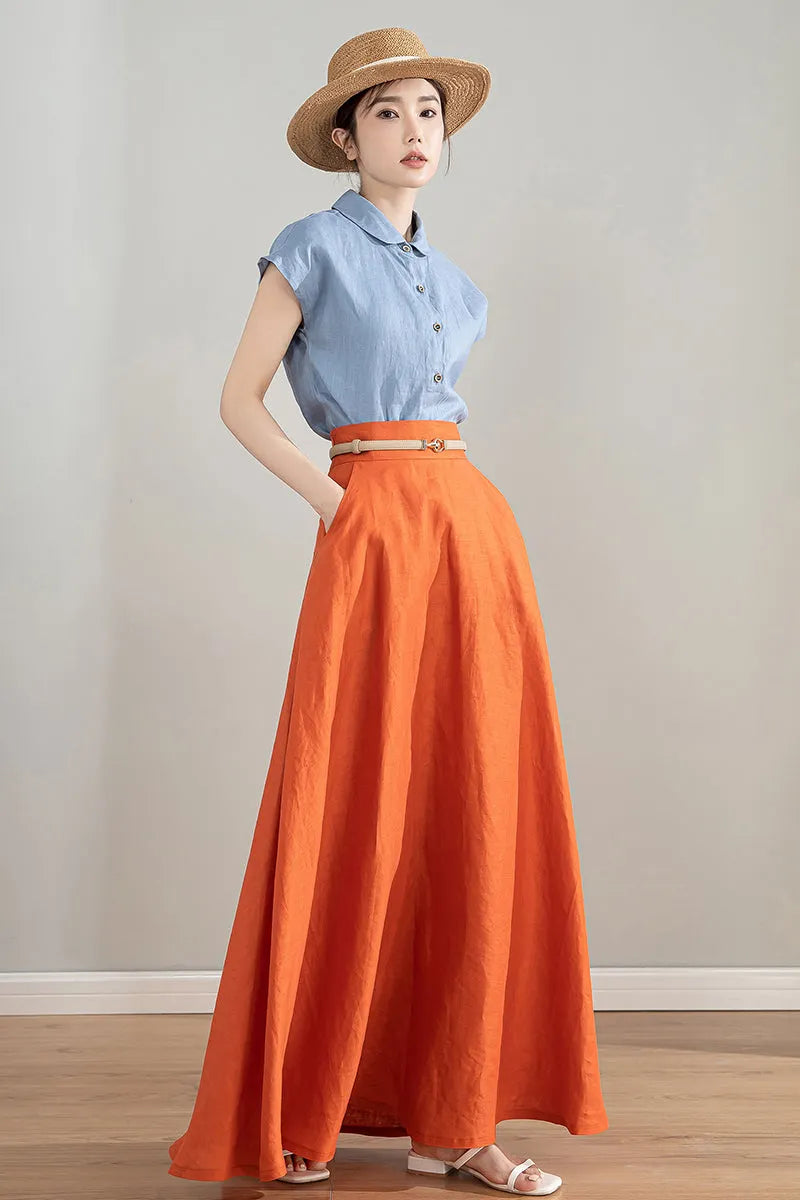 Orange Linen Skirt - High Waisted A-Line Midi Skirt 4215