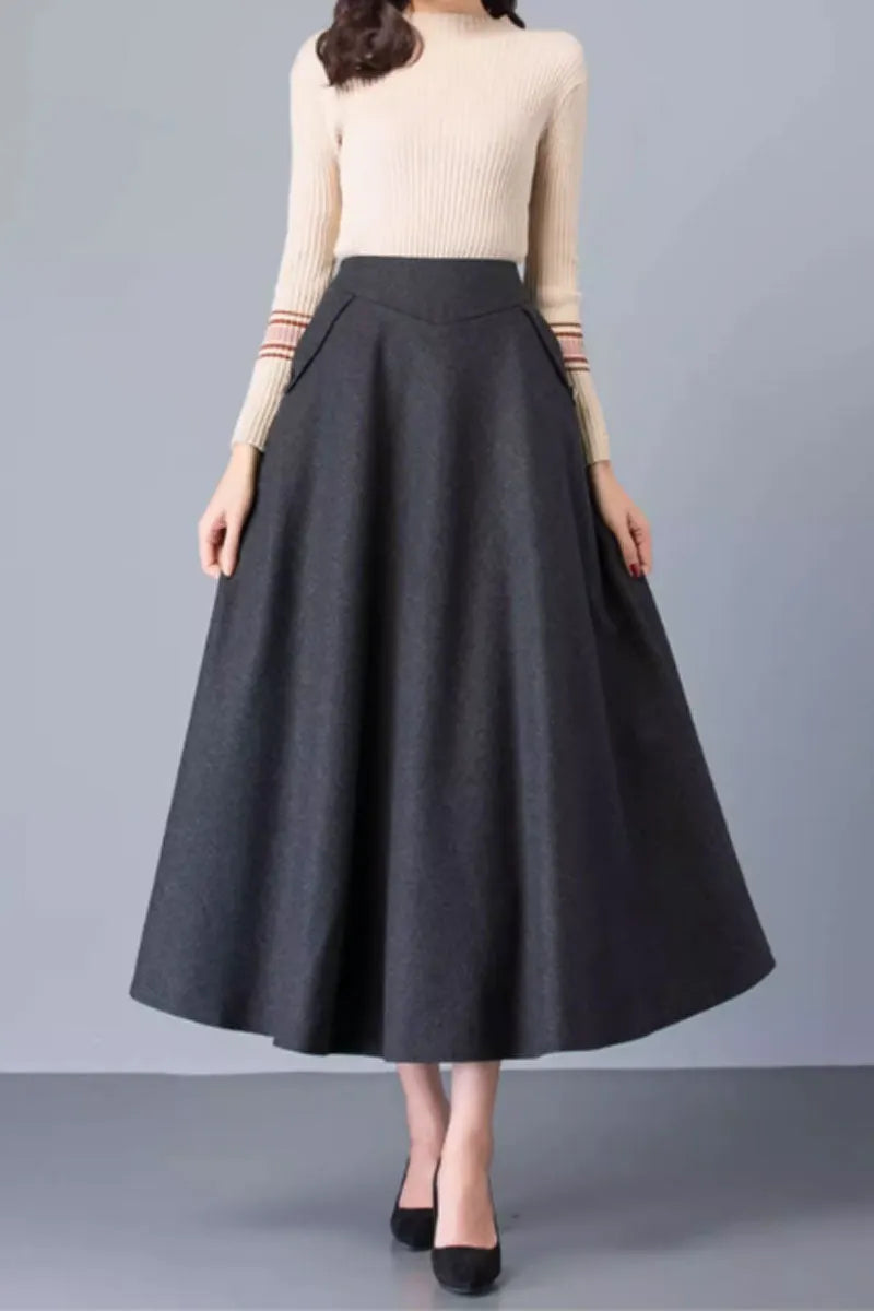 Brown Wool Maxi Skirt - A-Line with Pockets 4752