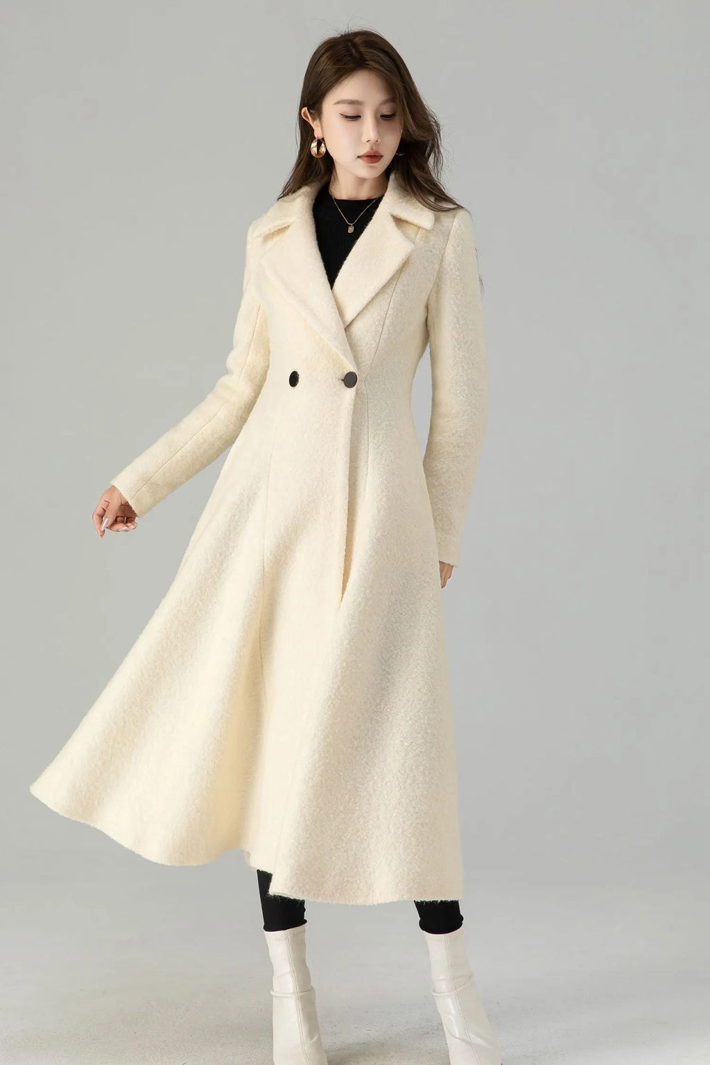 Off White Wool Maxi Coat - Fit and Flare Double Breasted 4559