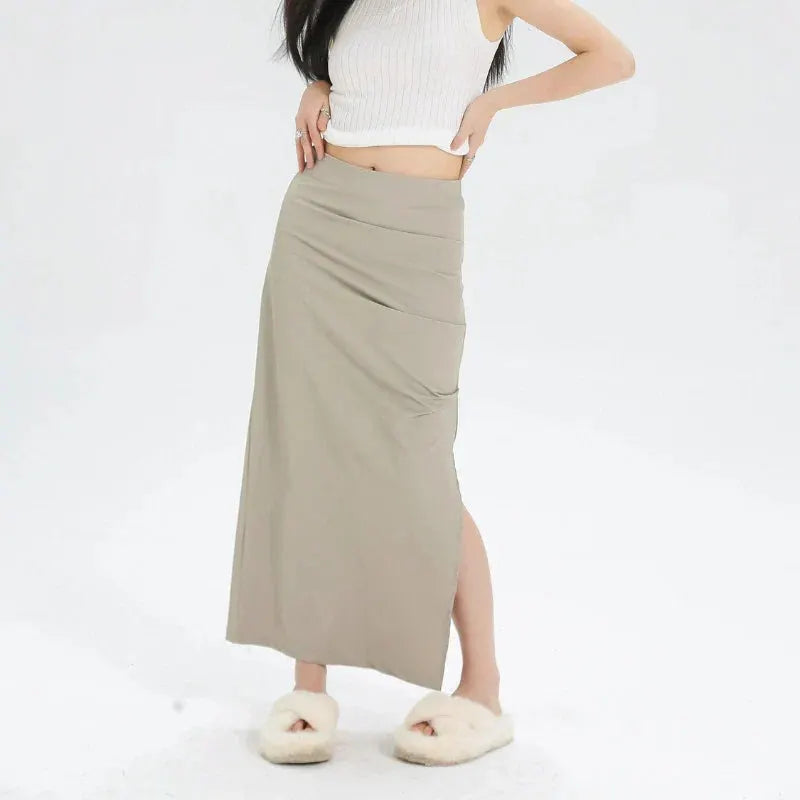 Slit Pleated Solid Long Skirt Vintage Korean Casual Skirt