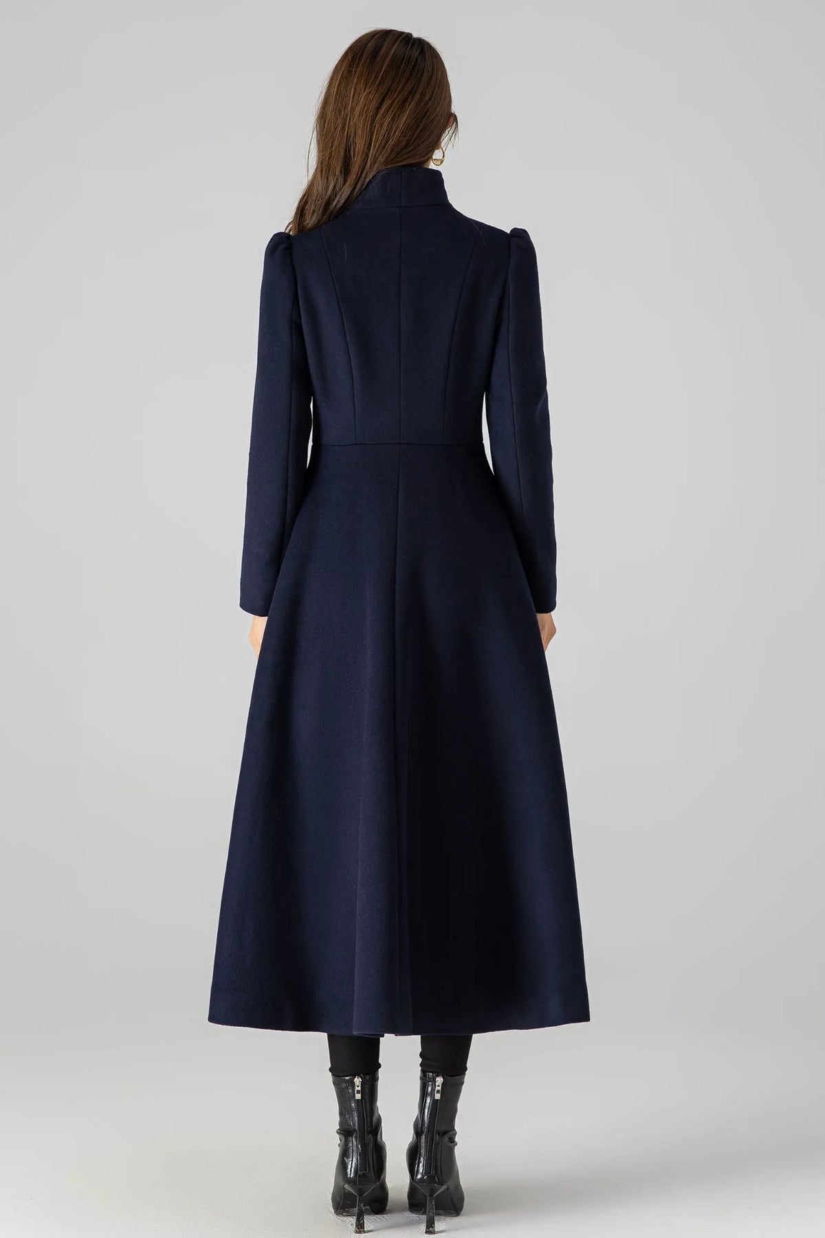 Dark Blue Wool Blend A-Line Coat - Long Silhouette with Pockets 4506