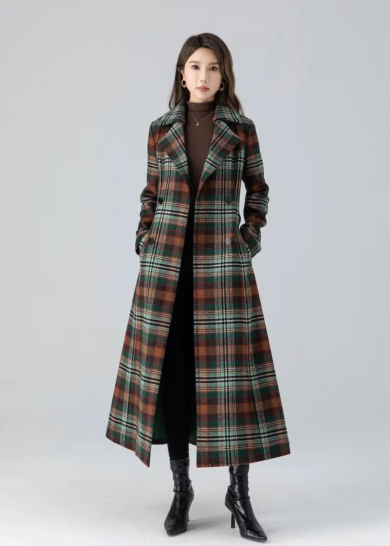 Plaid Wool Coat Maxi - Double Breasted Fit and Flare 4785