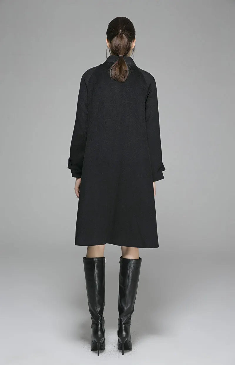 Handmade Black Wool Coat – Oversized A-Line Winter Overcoat with Big Pockets 