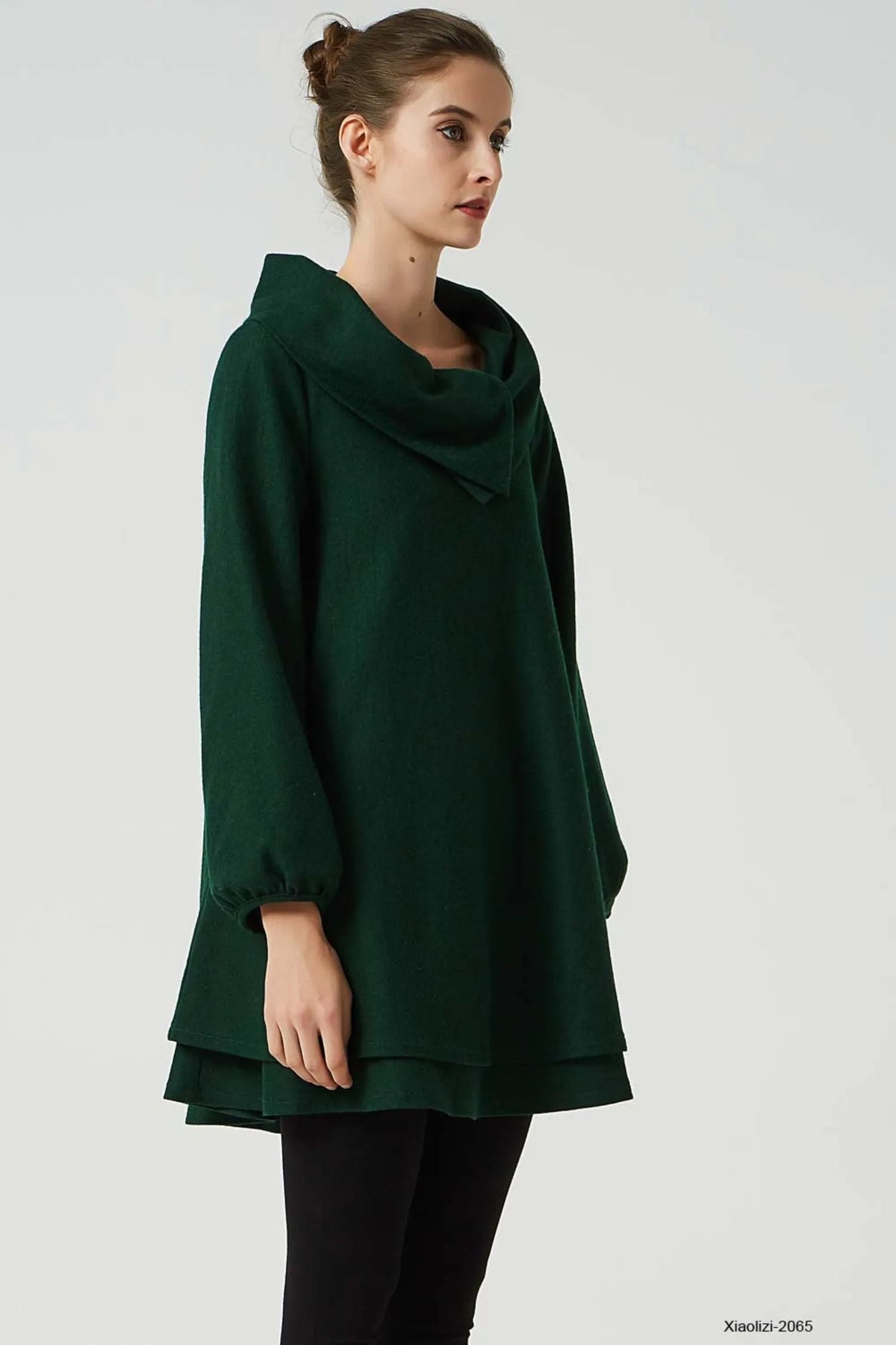 Army Green Wool Tunic Dress - Draped Cowl Neck & Layered Hem 2065