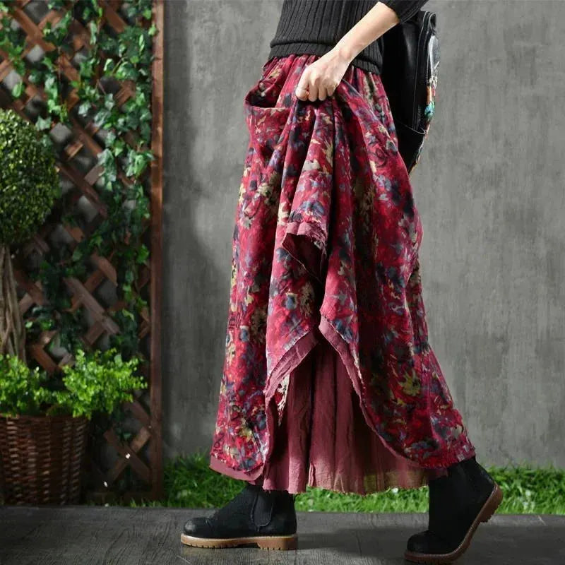 A-Line Pleated Autumn Floral Long Skirt with Pockets